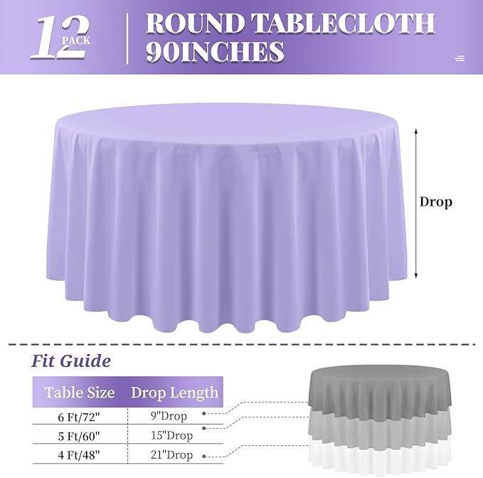12 Pack Lavender Tablecloth 90 Inch Round Tablecloth Lavender Round Tablecloth Washable Polyester Fabric Bulk Light Purple Tablecloths Round Table Cloths for Parties Wedding Banquet Buffet Dinning