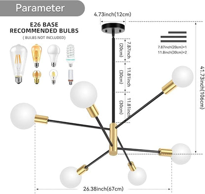 CANMEIJIA Modern Modern Sputnik Chandelier, Industrial Black Gold Ceiling Light Fixture,6-Light Pendant Light Fixture for Kitchen Island,Bedroom Dining Room Living Room