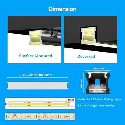 Besseto 8 Pack 6.6ft/2M Spotless LED Aluminum Channel Black,Milky Cover Deep Aluminum Profile Channel for LED Strip Light Width Up to 12mm