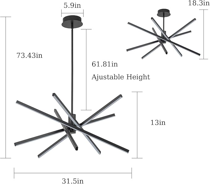 Y'INSP Black Sputnik Chandeliers Modern LED Linear Chandelier Light 5 Lights Dining Room Light Fixtures Over Table Embedded 45W Sputnik Light Fixture for Kitchen Island Bedroom Living Room