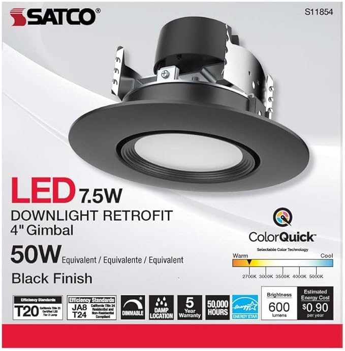 Satco LED Retrofit Gimbal Downlight, CCT Selectable 2700K/3000K/3500K/4000K/5000K, 4 Inches, Black Finish