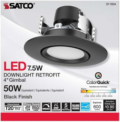 Satco LED Retrofit Gimbal Downlight, CCT Selectable 2700K/3000K/3500K/4000K/5000K, 4 Inches, Black Finish