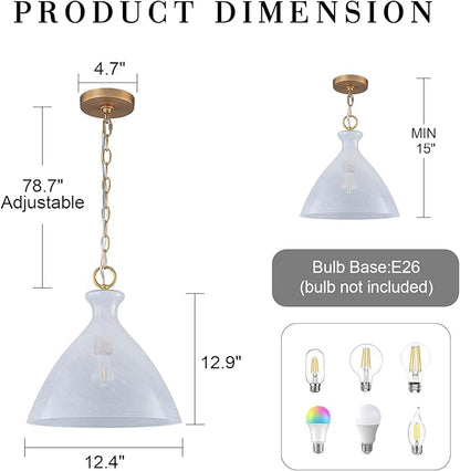 EDSILIVE Vintage Cloudy Glass Pendant Lights Kitchen Island 12" Milk White Hanging Ceiling Light Fixture with Gold Finish for Dining Room Kitchen Table