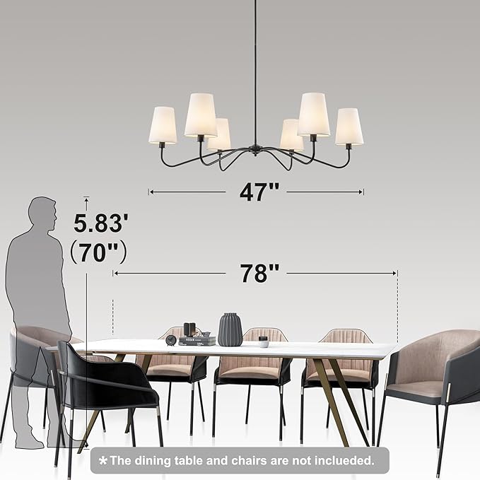 47'' Oversized Modern Chandelier with Shades, Farmhouse Chandelier, 6-Light Large Black Chandelier for Living Room, Adjustable Traditional Chandeliers for Foyer Kitchen E12 Base