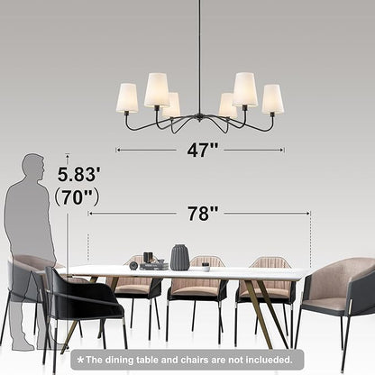 47'' Oversized Modern Chandelier with Shades, Farmhouse Chandelier, 6-Light Large Black Chandelier for Living Room, Adjustable Traditional Chandeliers for Foyer Kitchen E12 Base