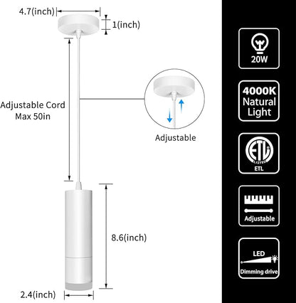 OKELI Modern Pendant Lights,White LED Mini Kitchen Island Lights Adjustable Focus Pendant Lighting for Kitchen Island Bedroom Dining Room Bar Shop,20W,4000K,ETL5026458(3 Pack)