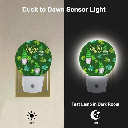 St Patrick Day Cute Gnomes Night Light Lucky Four Leaf Clover Green Night Lights Plug into Wall with Light Sensors Auto on/Off for Holiday Gifts for Boys Girls Women Teen