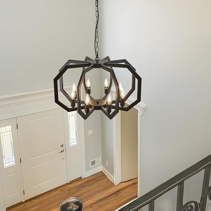 Lanhall 8 Black Light Farmhouse Chandelier Dining Room Light Fixture Geometric Modern Rustic Hanging Pendant Light for Living Room, Kitchen Island, Foyer, Entryway, Hallway, Stairway