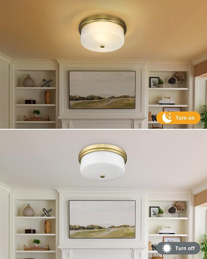 Close to Ceiling Light, 12inch Flush Mount Ceiling Light Fixture, Metal Gold Finish with Handmade White Marble Art Glass Shade for Bedroom Living Room Hallway Kitchen Laundry