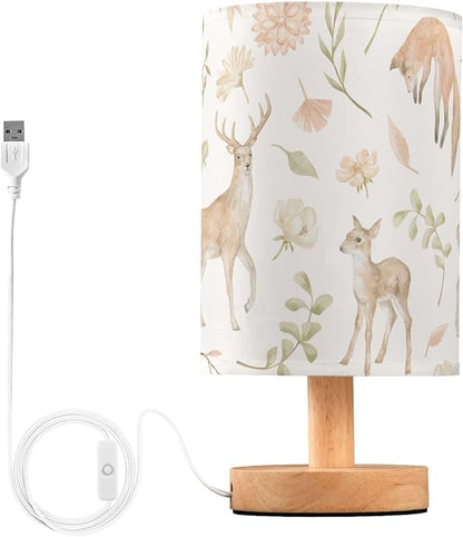 Bedside Table Lamp Woodland Animals Nightstand Lamp with Wood Forest Deer Fox Floral Leaves Desk Lamps for Bedroom Living Room Nursery Office Home Decor