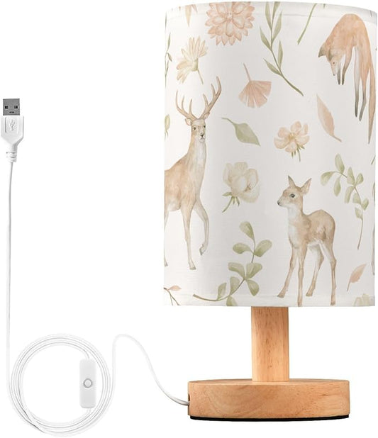 Bedside Table Lamp Woodland Animals Nightstand Lamp with Wood Forest Deer Fox Floral Leaves Desk Lamps for Bedroom Living Room Nursery Office Home Decor