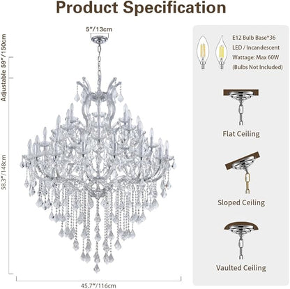 Large Modern Chandelier Light Fixtures - 36 Lights, 4 Layers Chrome Crystal Chandeliers for Hotel, Lobby, Foyer, Entrance Hall, Staircase