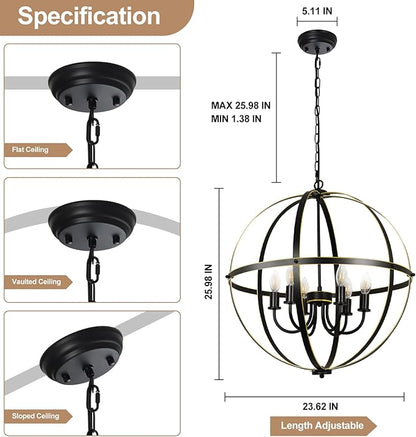 DLLT 6-Light Orb Chandelier, Black and Gold Globe Pendant Lights, Industrial Sphere Pendant Lighting Over Island, Adjustable Hanging Light with Metal Cage for Dining Room Foyer, E12 Bulbs Not Included