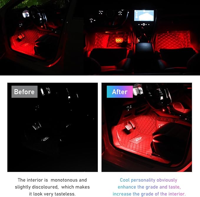 Ohleats Car LED Strip Light, 48 LED RGB Auto Interior Atmosphere Lights, Cigarette Lighter Under Dash Ambient Night Light, Interior Lamp Lighting Kit (Red, USB)