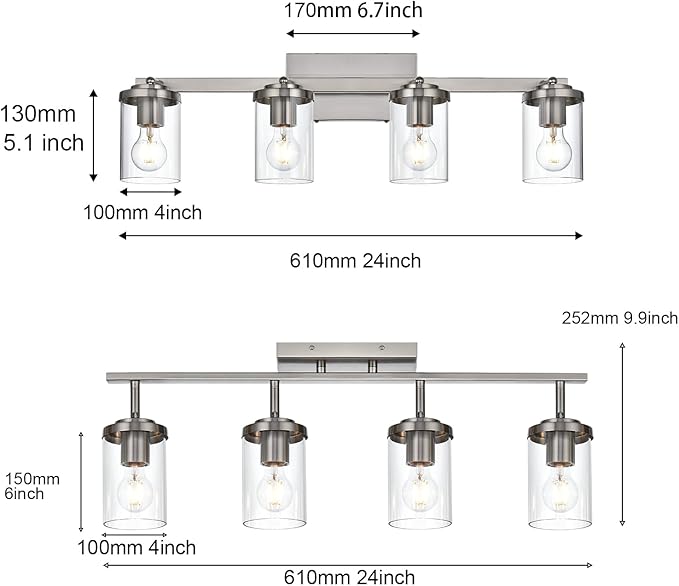 BONLICHT Modern Track Lighting Fixtures Ceiling 4 Light Adjustable Indoor Spotlight Brushed Nickel Farmhouse Bath Vanity Light Wall Mount Lamp with Clear Glass Shade