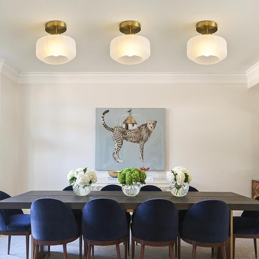 Industrial Gold Matte Light Fixtures Ceiling Mount, with Frosted Glass Shades Semi Flush Mount Ceiling Light, for Hallway Fixtures Kitchen, Foyer