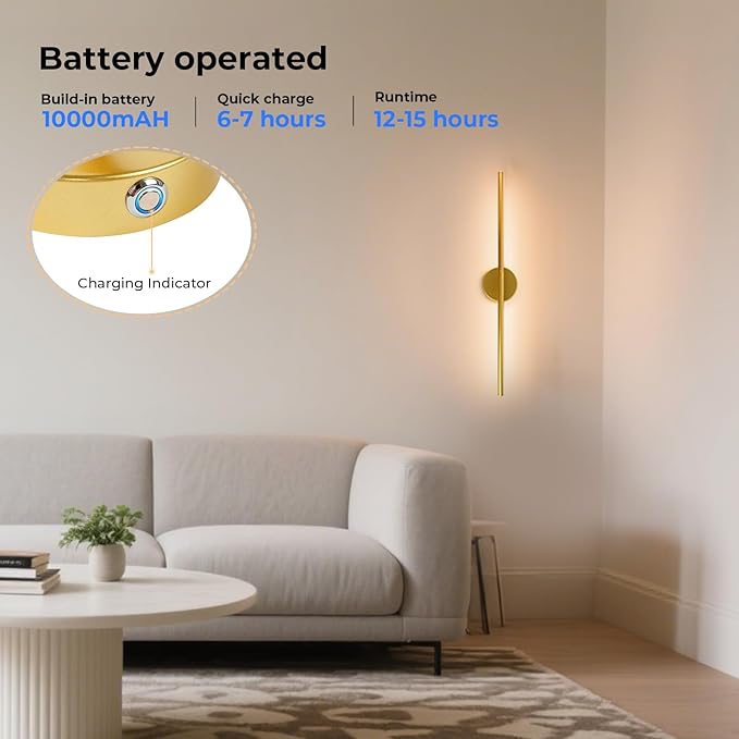 GvvooHome 1 Pack Battery Operated Wall Sconce Detachable 360°Rotate, Wireless Wall Light 3000-6500K Dimmable, 10000mAh Rechargeable Wall Lamp for Bedroom, Living Room，28.3 Inch Gold
