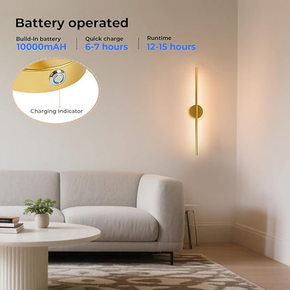 GvvooHome 1 Pack Battery Operated Wall Sconce Detachable 360°Rotate, Wireless Wall Light 3000-6500K Dimmable, 10000mAh Rechargeable Wall Lamp for Bedroom, Living Room，28.3 Inch Gold