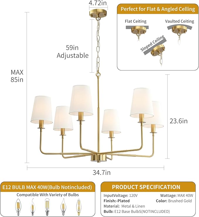 6-Light Classic Chandelier with Brushed Gold Finish & Linen Shades, E12 Base Rustic Ceiling Light Fixture for Kitchen Island, Dining Room, Entryway, Industrial Farmhouse Lighting