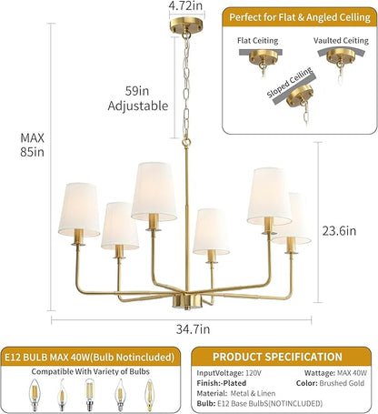 6-Light Classic Chandelier with Brushed Gold Finish & Linen Shades, E12 Base Rustic Ceiling Light Fixture for Kitchen Island, Dining Room, Entryway, Industrial Farmhouse Lighting