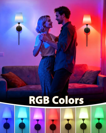 Adetu Wall Sconces Set of Two, Battery Operated Wall Sconce with 10000mAh RGB Dimmable Magnetic Bulbs and Remote, Rechargeable Wall Lights for Bedroom Living Room Hallway Decor