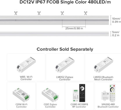 BTF-LIGHTING FCOB COB LED Strip IP67 Waterproof Flexible High Density Uniform Diffused Neon Light 16.4FT DC12V Warm White 3000K 480LED/m CRI 90+ for Indoor Decor(No Adapter or Controller)