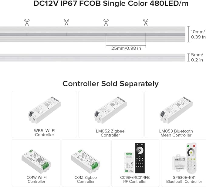 BTF-LIGHTING FCOB COB LED Strip IP67 Waterproof Flexible High Density Uniform Diffused Neon Light 16.4FT DC12V Natural White 4000K 480LED/m CRI90+ for Indoor Decor(No Adapter or Controller)