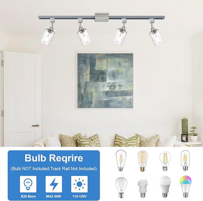 4 Pack H Track Lighting Replacement Heads Brushed Nickel Track Lighting Fixtures with Clear Clear Hammered/Water Ripples Glass H Type Track Light Heads Ceilig Spotlight for Retail Shop Kitchen