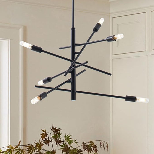 VILUXY Black Modern Chandelier Sputnik Lighting Fixture 6-LightMid-Century Ceiling Pendant Light for Dining Room Bedroom Kitchen Foyer