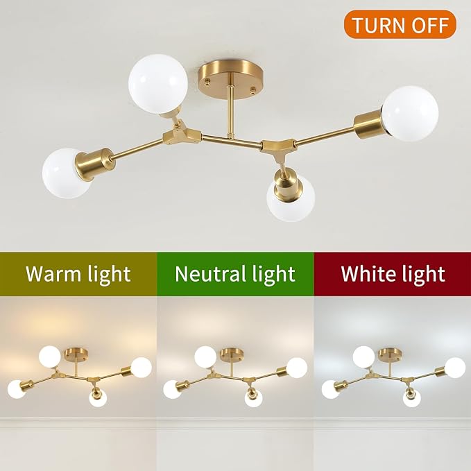 Modern Semi Flush Mount Ceiling Light,Mid Century 4 Light Lighting Fixture for Dining Room Bedroom Kitchen Foyer Entryway Hallway Closet,Metal Gold Sputnik Chandelier