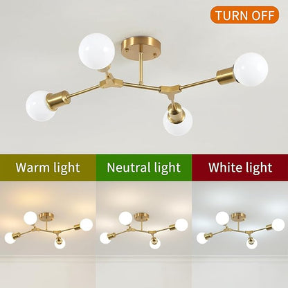 Modern Semi Flush Mount Ceiling Light,Mid Century 4 Light Lighting Fixture for Dining Room Bedroom Kitchen Foyer Entryway Hallway Closet,Metal Gold Sputnik Chandelier