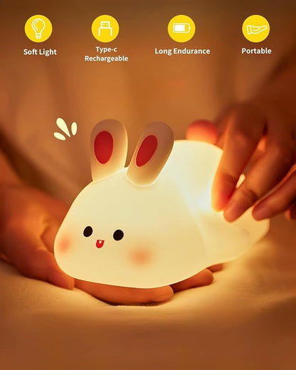 Big Face Rabbit Silicone Night Light, Squishy Bunny Lamp with Touch Control, 30-Min Timer, Rechargeable Kids Night Light for Bedroom Nursery, [Mothers Day Gifts]