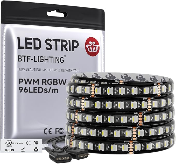 BTF-LIGHTING UL Listed RGBW LED Strip Lights,5050 4 Colors in 1 RGB + 6000K-7000K Cool White,24V DC,16.4ft/5m 60LEDs/m 12mm Black PCB, IP65 Waterproof for Home Decoration(No Adapter or Controller)