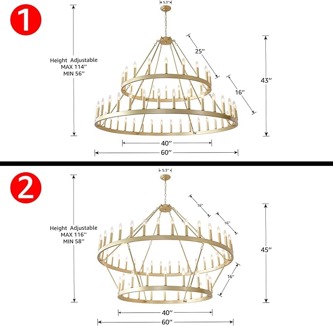 HHR 60" Gold Wagon Wheel Chandelier 2-Tier, Extra Large Farmhouse Chandelier for High Ceilings 54-Light, Round Gold Chandeliers Light Fixture for Foyer, Entryway, Dining Room, E12
