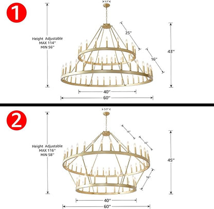 HHR 60" Gold Wagon Wheel Chandelier 2-Tier, Extra Large Farmhouse Chandelier for High Ceilings 54-Light, Round Gold Chandeliers Light Fixture for Foyer, Entryway, Dining Room, E12