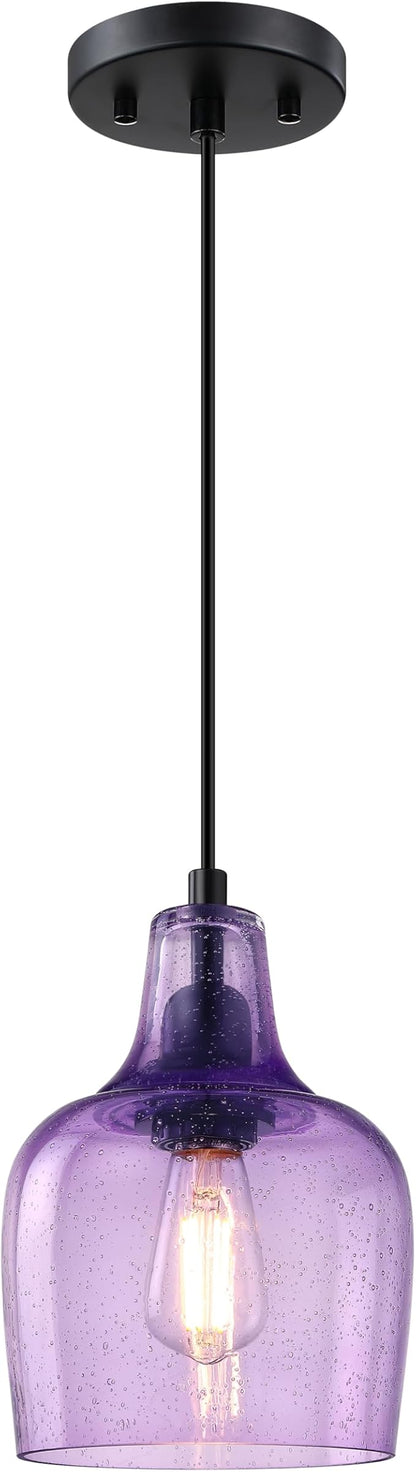 2 Pack 1 Light Hanging Indoor Kitchen Island Pendant Light 6.1" Seeded Purple Glass Pendant Ceiling Light Fixtures Black Finish Modern Farmhouse Dinning Over Sink