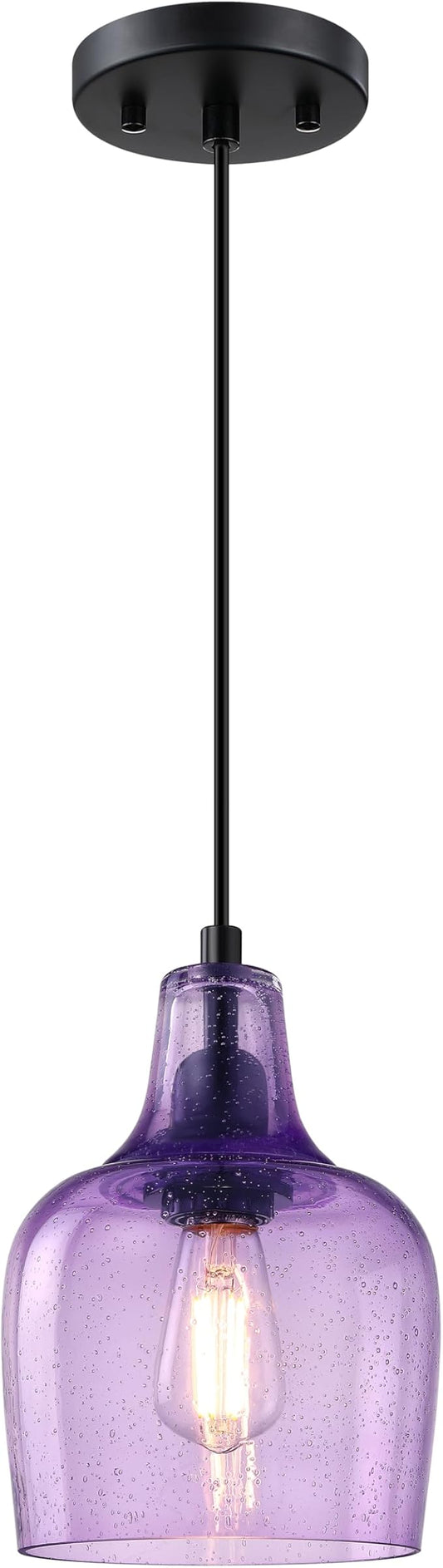 2 Pack 1 Light Hanging Indoor Kitchen Island Pendant Light 6.1" Seeded Purple Glass Pendant Ceiling Light Fixtures Black Finish Modern Farmhouse Dinning Over Sink