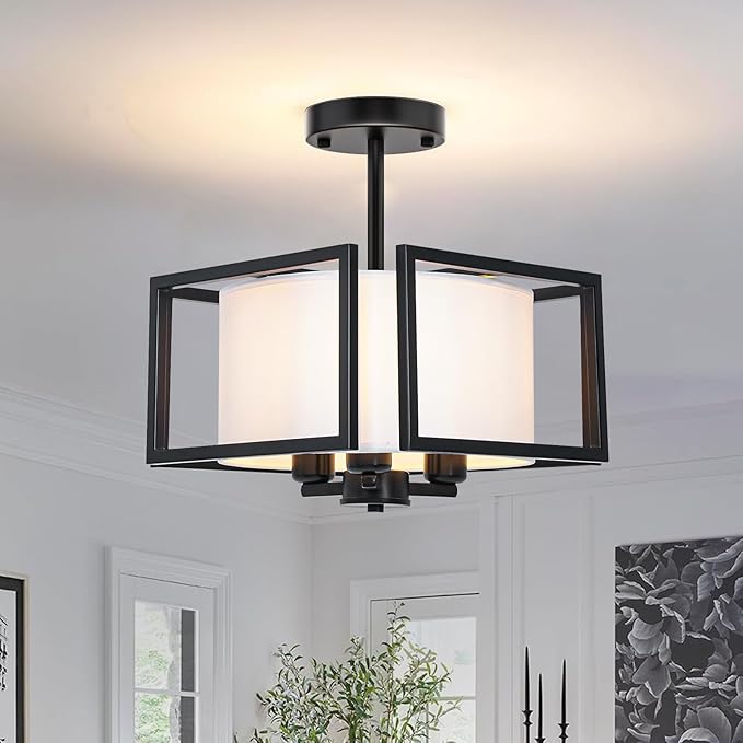 FRIDEKO HOME Flush Mount Ceiling Light Fixture - 3-Light Modern Semi Flush Mount Ceiling Light with Fabric Shade Black Metal Frame Drum Ceiling Lights for Bedroom Hallway Kitchen Living Room Entryway
