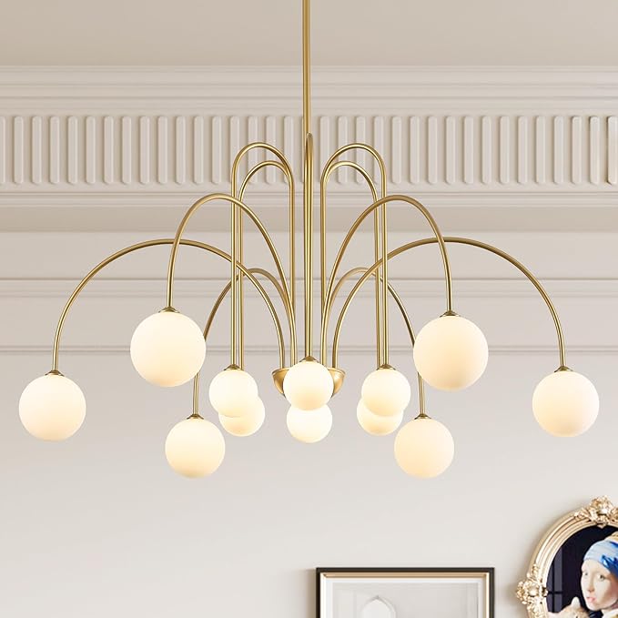 CATINER Large Sputnik Chandeliers 12 Lights Modern Gold Chandelier for High Ceiling L52” Mid Century Ceiling Pendant Light Fixtures with Milk Glass Globe Shades for Living Dining Room Foyer Staircase