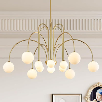 CATINER Large Sputnik Chandeliers 12 Lights Modern Gold Chandelier for High Ceiling L52” Mid Century Ceiling Pendant Light Fixtures with Milk Glass Globe Shades for Living Dining Room Foyer Staircase