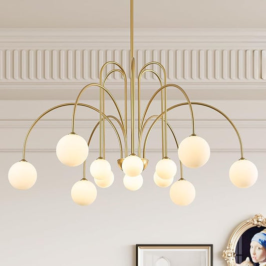 CATINER Large Sputnik Chandeliers 12 Lights Modern Gold Chandelier for High Ceiling L52” Mid Century Ceiling Pendant Light Fixtures with Milk Glass Globe Shades for Living Dining Room Foyer Staircase
