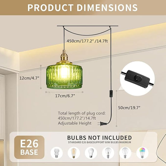 Vintage Plug in Pendant Light Fixture - Small Green Striped Glass Shade Adjustable Modern Hanging Lamp with Plug in Cord On/Off Switch Swag Pendant Lights for Kitchen Living Room