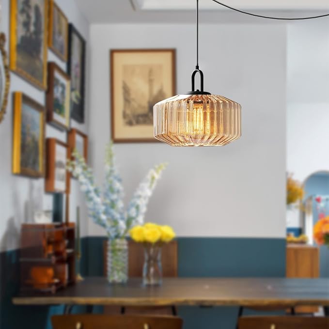Plug in Pendant Lights - Amber Glass Stripe Lamp Shade, Large Globe Hanging Lamp Mid Century Hanging Lamp with 14.7 ft Plug in Cord Swag Style, Plug in Light Fixture for Living Room