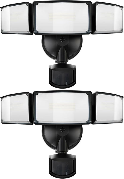 UME 2 Pack 5500LM LED Security Lights Motion Sensor Light Outdoor, 49W, 5000K Daylight, IP65 Waterproof, Dusk to Dawn, 3 Head Motion Detected Flood Light for Garage, Yard, Porch (Black)