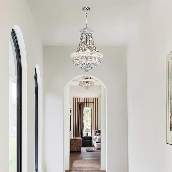 Crystal Chandeliers for Dining Room Light Fixtures Over Table, Empire Style K9 Crystal Chandelier for Living Room, 6 Lights Chrome Luxury Lighting Fixtures for Bedroom Kitchen Island Entryway D15 Inch