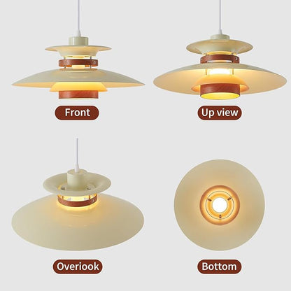 EFINEHOME Modern Decor Adjustable Pendant Lamp Kitchen Island, Aluminum and Wood Finish,1-Light E26 Base Ceiling Hanging Light for Dining Room Shop Restaurant (Beige+Dark Wood Grain, 40cm)