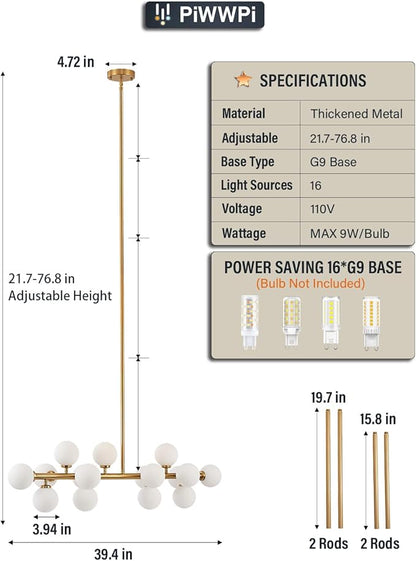 Glass Globe Sputnik Chandelier, 16-Light Mid Century Modern Light Fixture Over Table, Linear Chandeliers for Dining Room, Kitchen Island, Brass Gold and Milk White Bubble, 40 Inch, GC-02