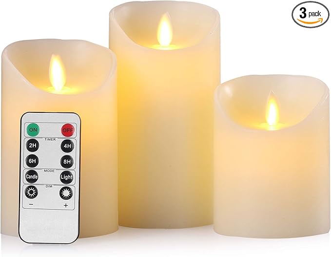 AKU TONPA Flameless Candles Battery Operated Pillar Real Wax Electric LED Flickering Candle Sets with Remote Control Cycling 24 Hours Timer, 4" 5" 6" Pack of 3 (Ivory)