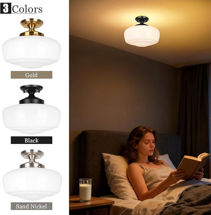 Large Schoolhouse Style Semi Flush Mount Ceiling Light Fixture, 14" Modern Hallway Ceiling Lamp with Opal Milk Glass Shade, Farmhouse Globe Light for Bedroom Kitchen Hallway Entryway Laundry