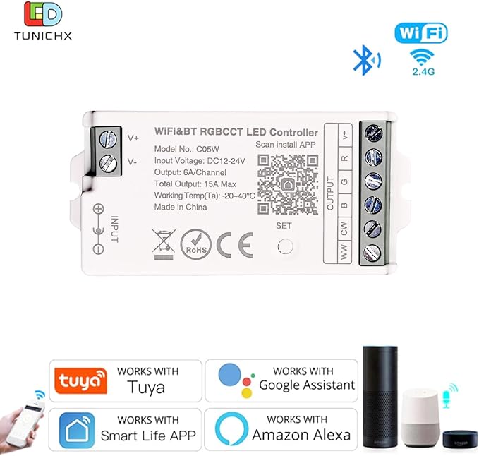 C05W RGBCCT LED Controller, Tuya WiFi 2.4G RF, 6Pin PWM for SMD FCOB Strip, APP & Voice Control, Compatible with Alexa Google Home, Compatible with WR01RF RC03RFB RC04RFB RC05RFB Remote